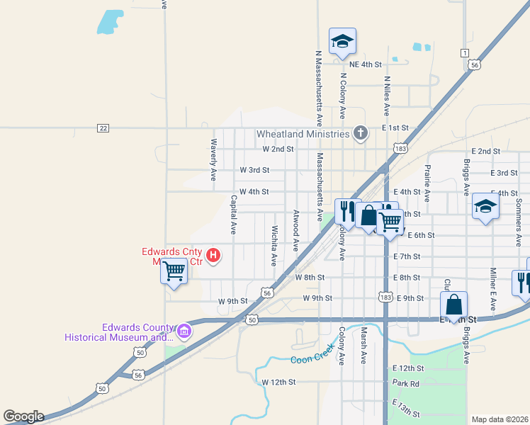 map of restaurants, bars, coffee shops, grocery stores, and more near 501 Milner West Avenue in Kinsley