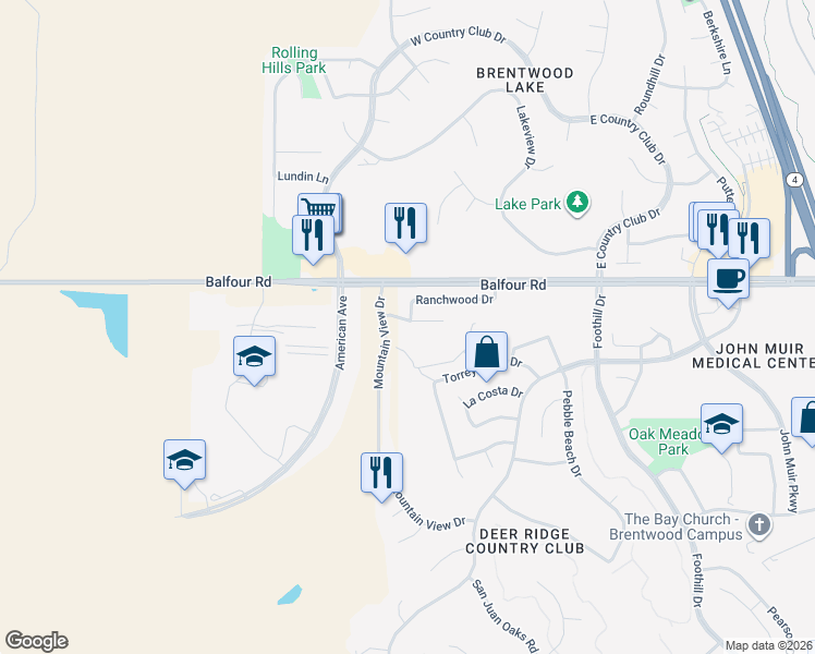 map of restaurants, bars, coffee shops, grocery stores, and more near 2649 Ranchwood Drive in Brentwood