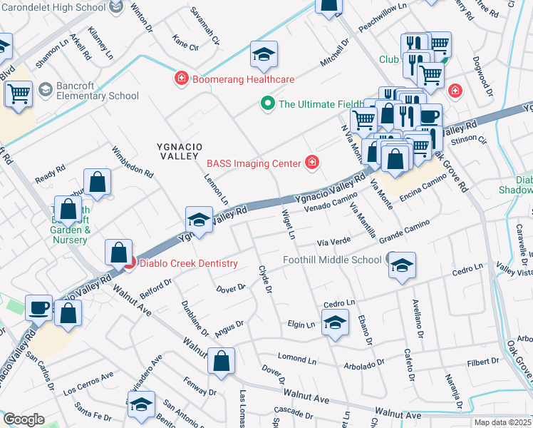 map of restaurants, bars, coffee shops, grocery stores, and more near 111 North Wiget Lane in Walnut Creek