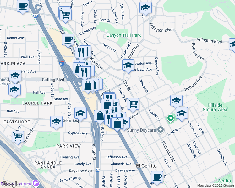 map of restaurants, bars, coffee shops, grocery stores, and more near 1760 Liberty Street in El Cerrito