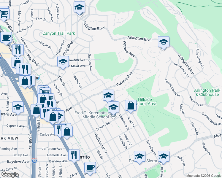 map of restaurants, bars, coffee shops, grocery stores, and more near 7308 Potrero Avenue in El Cerrito