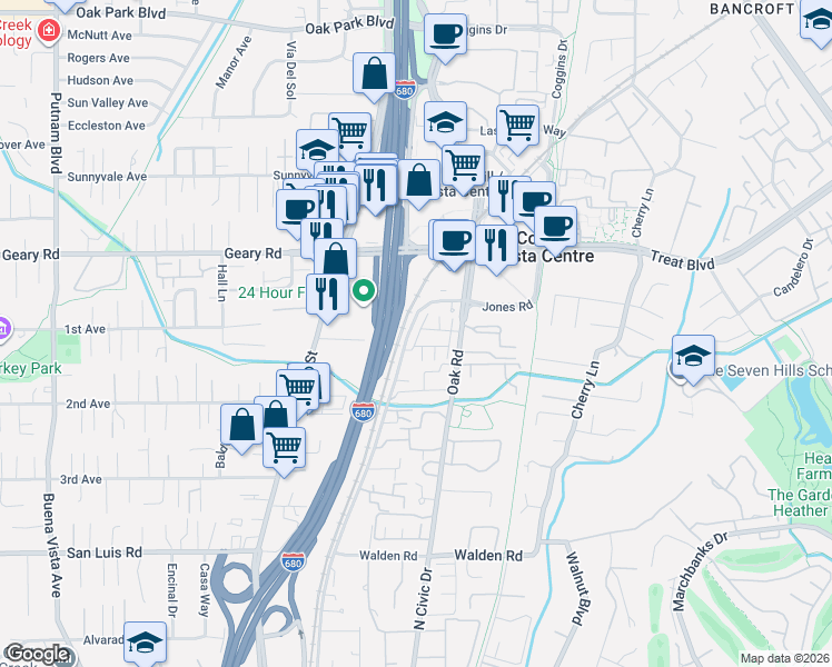 map of restaurants, bars, coffee shops, grocery stores, and more near 146 Oak Circle in Walnut Creek