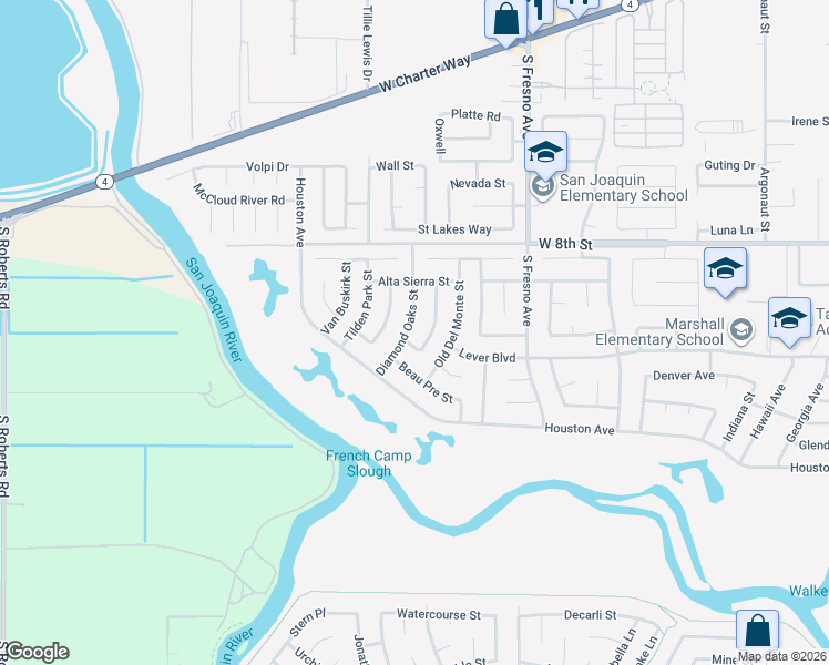 map of restaurants, bars, coffee shops, grocery stores, and more near 2417 Diamond Oaks Street in Stockton