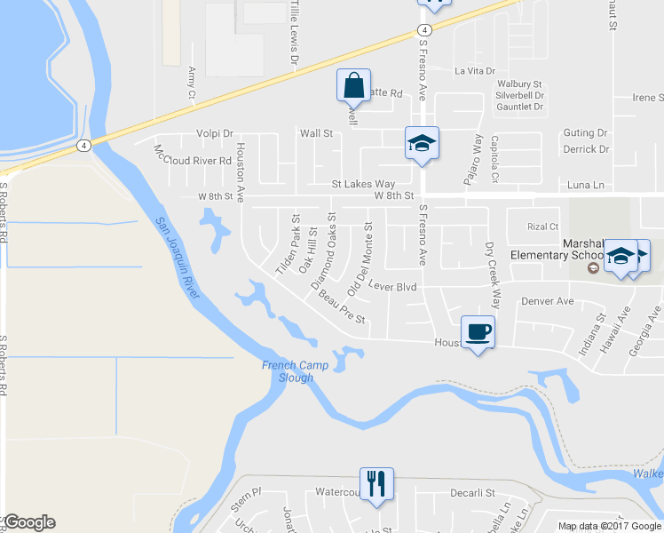 map of restaurants, bars, coffee shops, grocery stores, and more near 2436 Diamond Oaks Street in Stockton