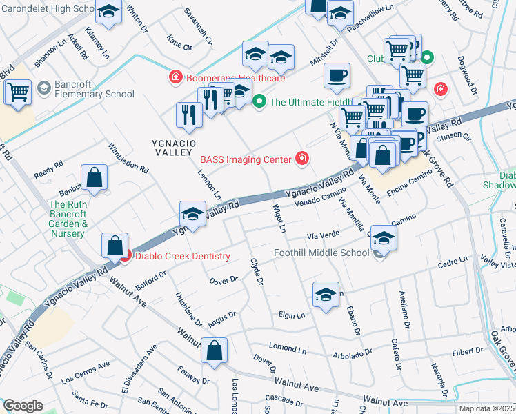map of restaurants, bars, coffee shops, grocery stores, and more near 111 North Wiget Lane in Walnut Creek