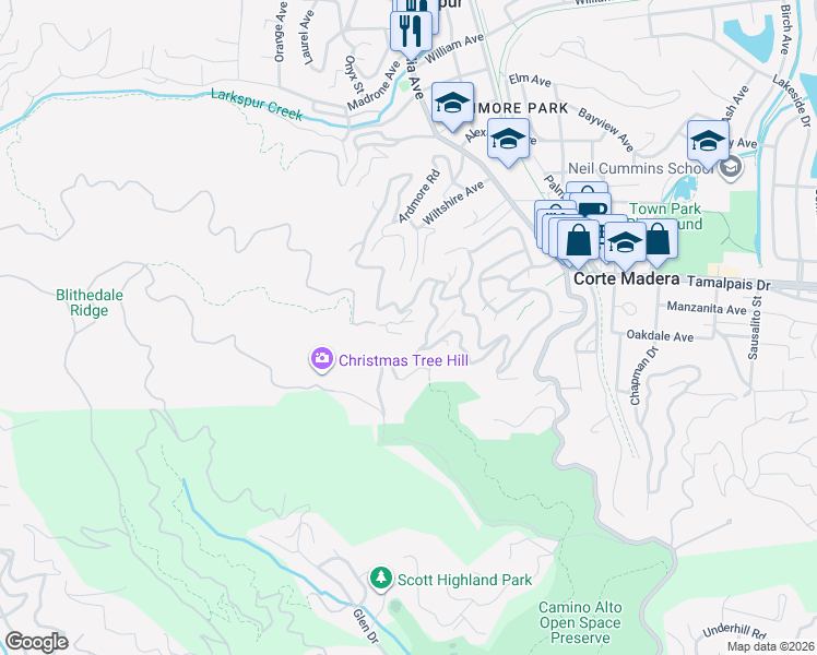 map of restaurants, bars, coffee shops, grocery stores, and more near 201 Marina Vista Avenue in Larkspur
