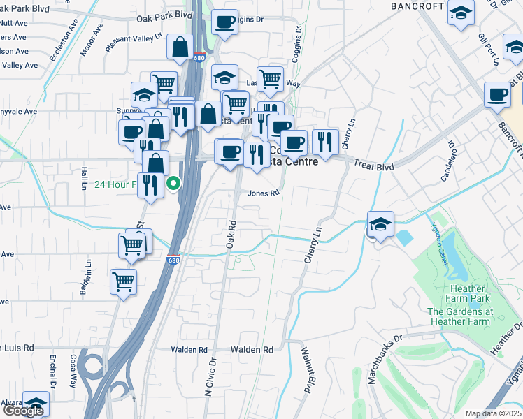 map of restaurants, bars, coffee shops, grocery stores, and more near in Walnut Creek