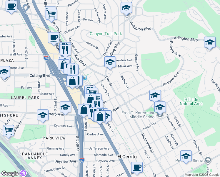 map of restaurants, bars, coffee shops, grocery stores, and more near 1700 Manor Circle in El Cerrito