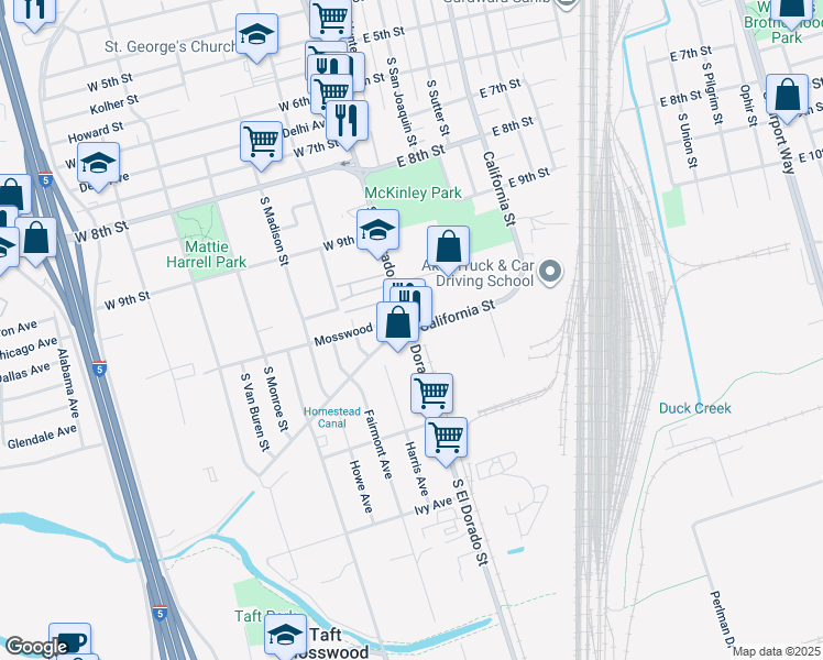 map of restaurants, bars, coffee shops, grocery stores, and more near 3405 California Street in Stockton