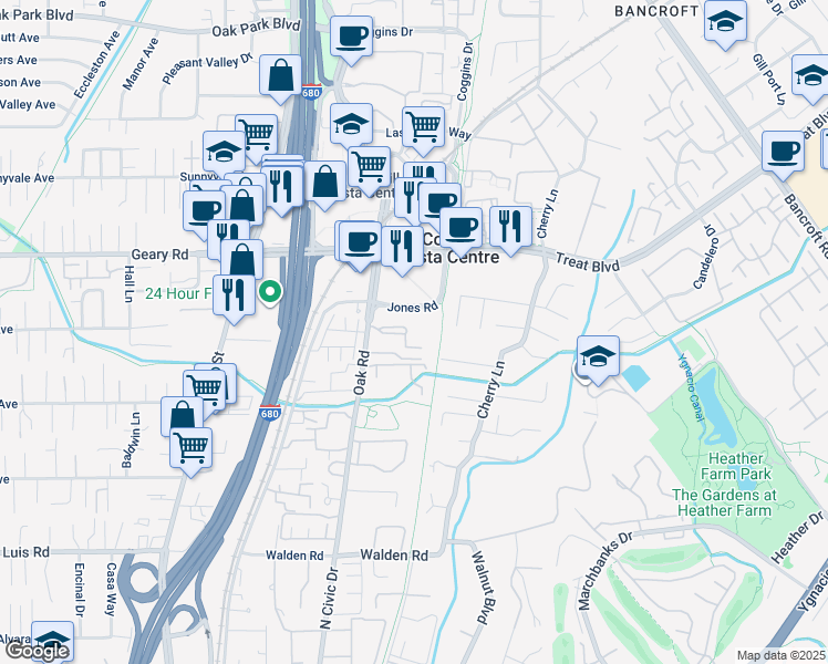 map of restaurants, bars, coffee shops, grocery stores, and more near 2738 Oak Road in Walnut Creek