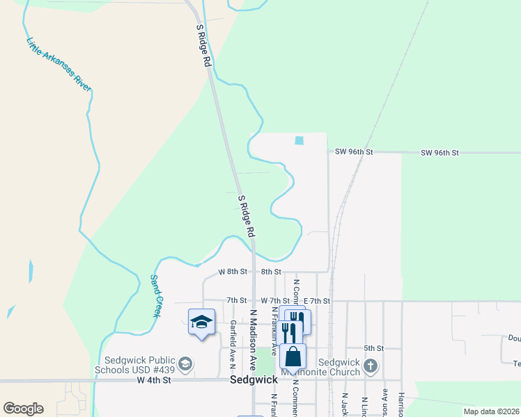 map of restaurants, bars, coffee shops, grocery stores, and more near 9810 South Ridge Road in Sedgwick