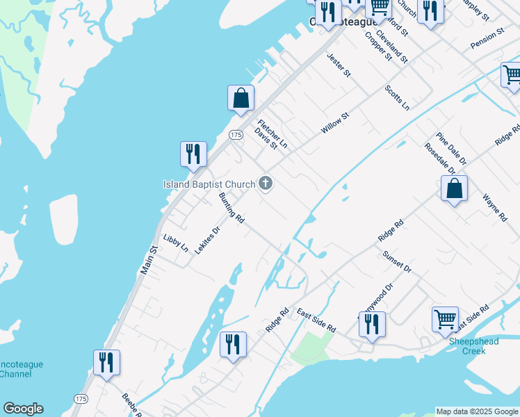 map of restaurants, bars, coffee shops, grocery stores, and more near 7134 Silver Sails Landing in Chincoteague Island