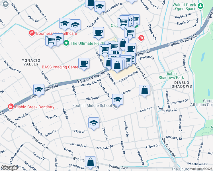 map of restaurants, bars, coffee shops, grocery stores, and more near 108 Vía Mantilla in Walnut Creek