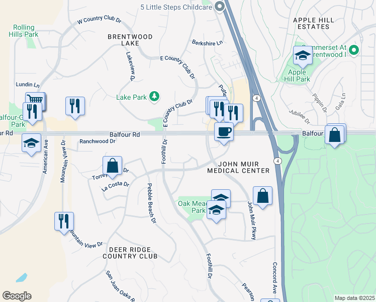 map of restaurants, bars, coffee shops, grocery stores, and more near 86 Alpine Court in Brentwood