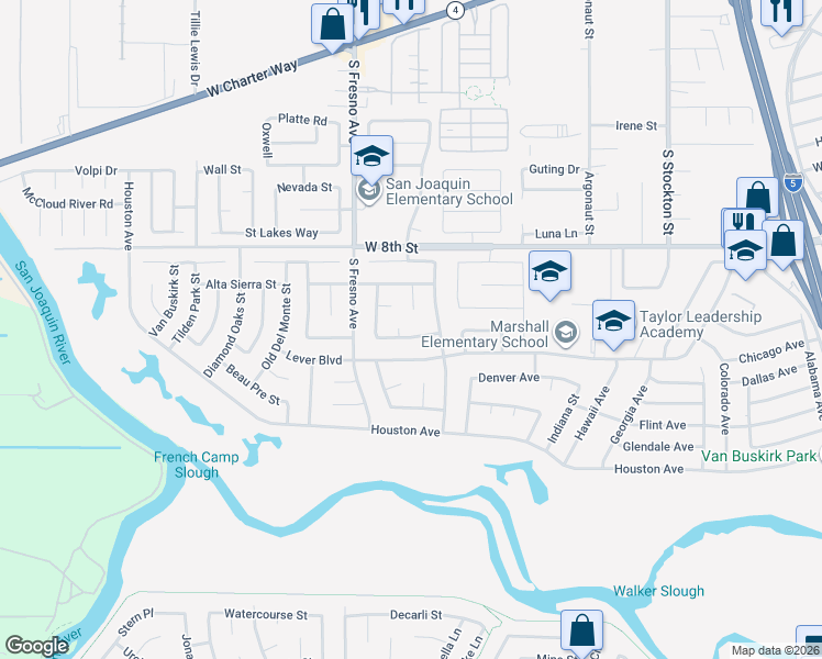 map of restaurants, bars, coffee shops, grocery stores, and more near 2412 Silverado Court in Stockton
