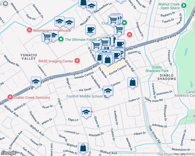 map of restaurants, bars, coffee shops, grocery stores, and more near 108 Vía Mantilla in Walnut Creek