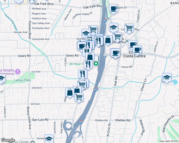 map of restaurants, bars, coffee shops, grocery stores, and more near 2770 North Main Street in Walnut Creek