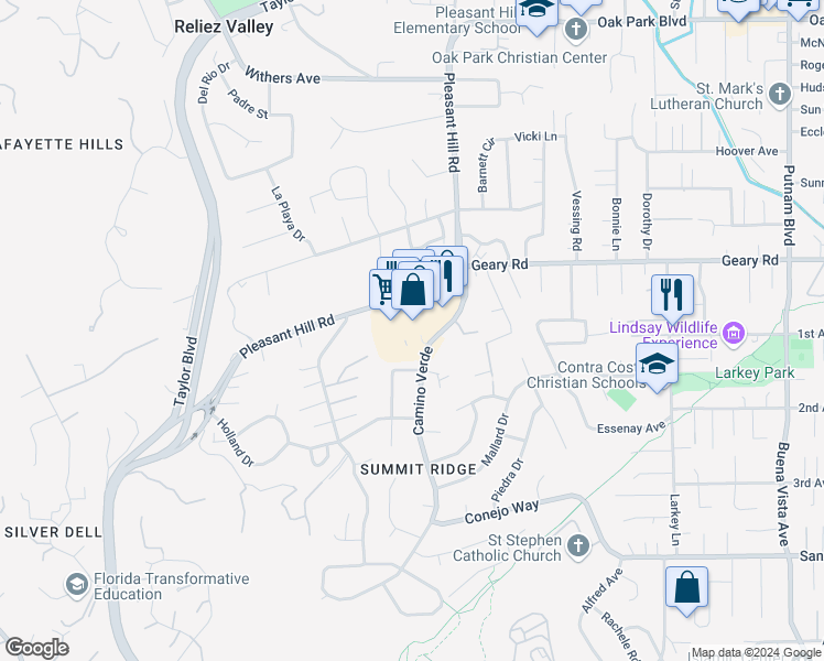 map of restaurants, bars, coffee shops, grocery stores, and more near 1557 Palos Verdes Mall in Walnut Creek