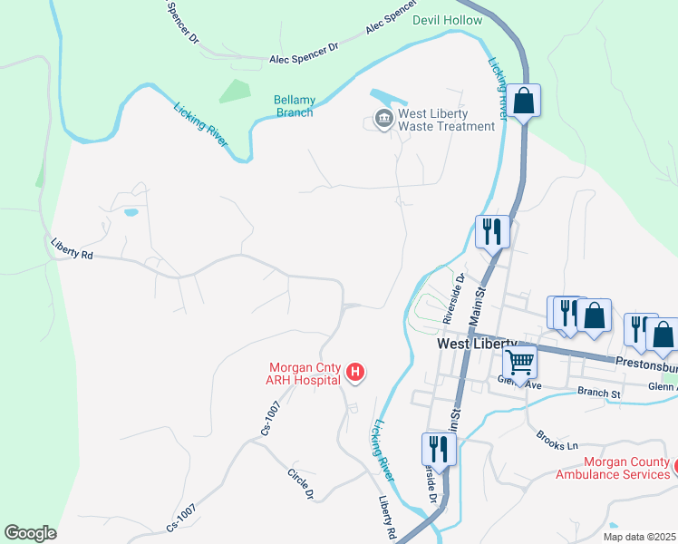 map of restaurants, bars, coffee shops, grocery stores, and more near 788 Liberty Road in West Liberty