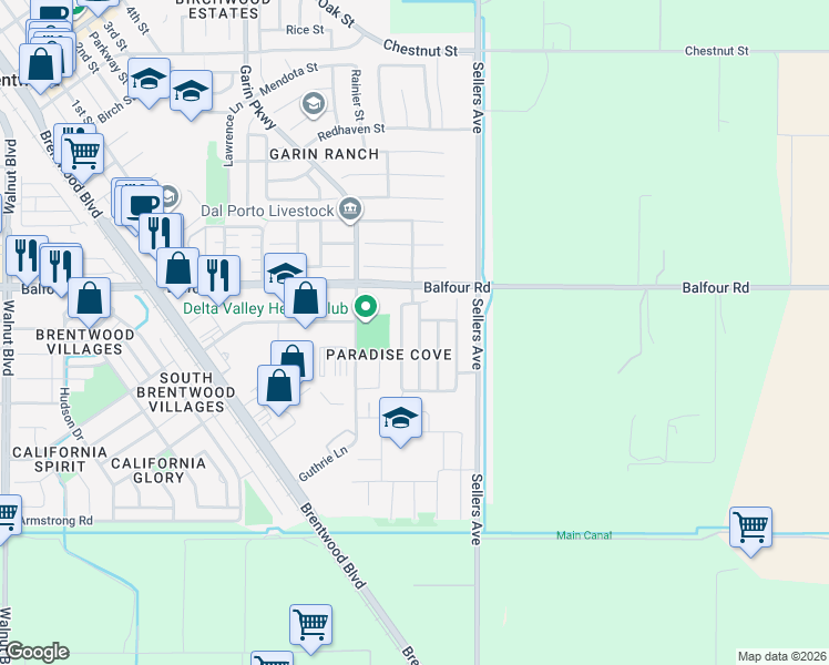 map of restaurants, bars, coffee shops, grocery stores, and more near 62 Guise Way in Brentwood