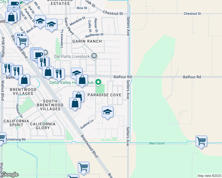 map of restaurants, bars, coffee shops, grocery stores, and more near 63 Guise Way in Brentwood