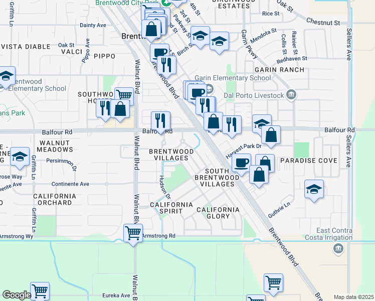 map of restaurants, bars, coffee shops, grocery stores, and more near 107 Lexington Street in Brentwood