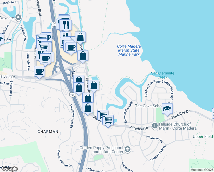 map of restaurants, bars, coffee shops, grocery stores, and more near 10 Baja Court in Corte Madera