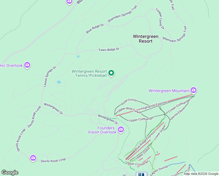 map of restaurants, bars, coffee shops, grocery stores, and more near 3204 North Ridge in Wintergreen Resort