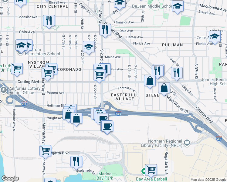 map of restaurants, bars, coffee shops, grocery stores, and more near 2420 Foothill Avenue in Richmond