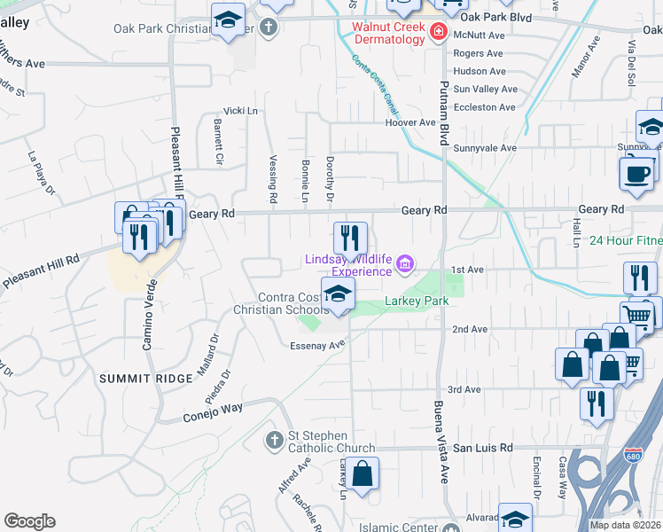 map of restaurants, bars, coffee shops, grocery stores, and more near 30 Harmony Lane in Walnut Creek
