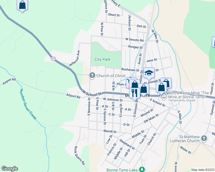 map of restaurants, bars, coffee shops, grocery stores, and more near 123 North B Street in Bonne Terre