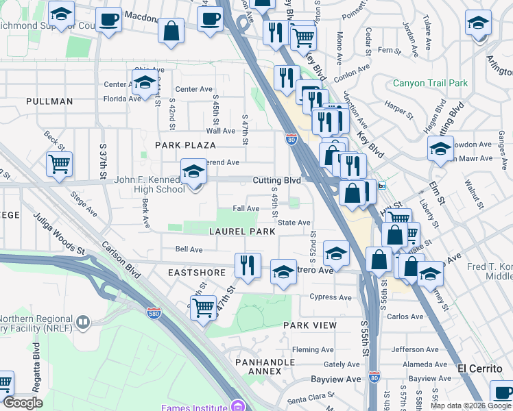 map of restaurants, bars, coffee shops, grocery stores, and more near 4729 Fall Avenue in Richmond