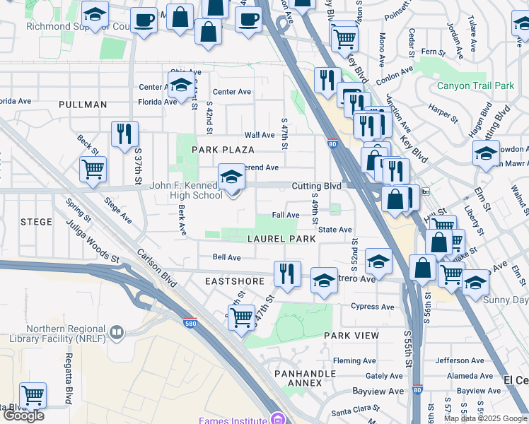 map of restaurants, bars, coffee shops, grocery stores, and more near 4525 Fall Avenue in Richmond
