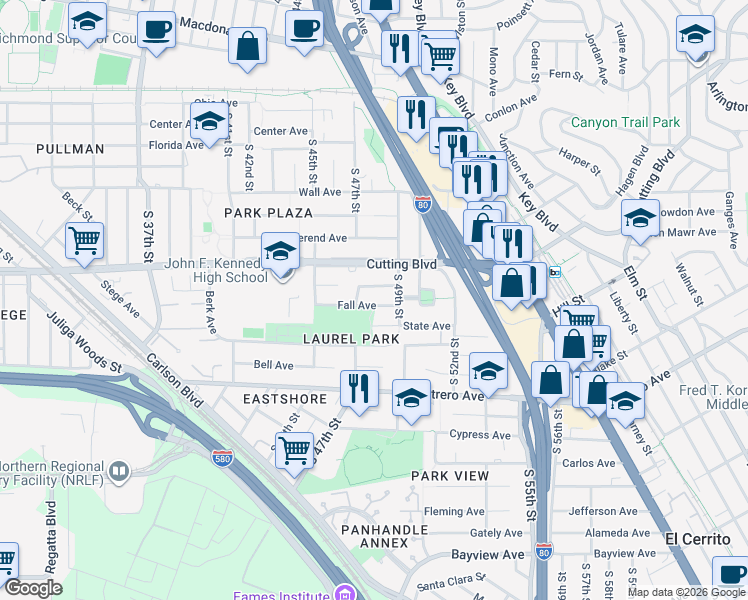 map of restaurants, bars, coffee shops, grocery stores, and more near 4729 Fall Avenue in Richmond