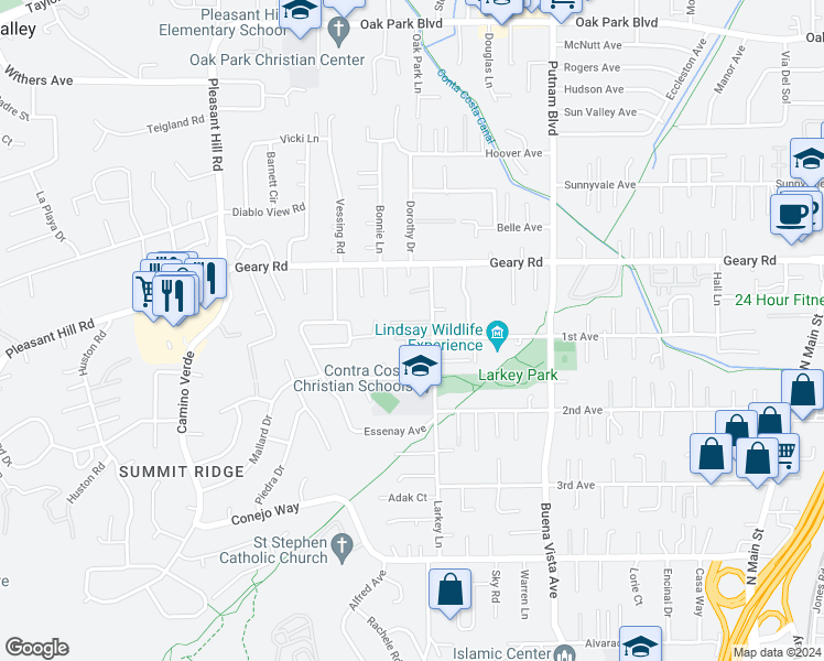 map of restaurants, bars, coffee shops, grocery stores, and more near 35 Harmony Lane in Walnut Creek