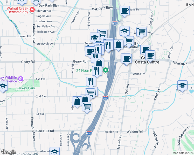 map of restaurants, bars, coffee shops, grocery stores, and more near 2770 North Main Street in Walnut Creek