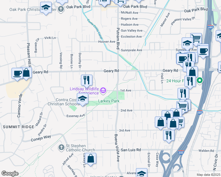 map of restaurants, bars, coffee shops, grocery stores, and more near 1900 1st Avenue in Walnut Creek