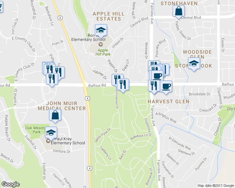 map of restaurants, bars, coffee shops, grocery stores, and more near 134 Summerset Drive in Brentwood