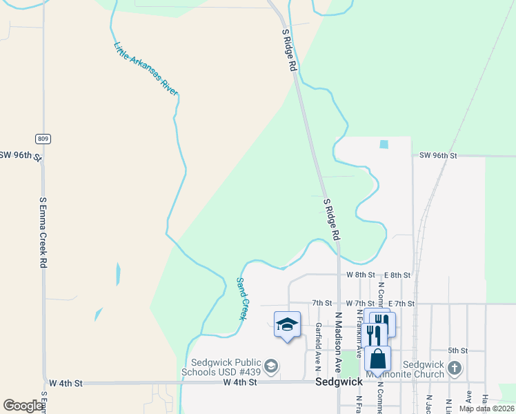 map of restaurants, bars, coffee shops, grocery stores, and more near 9819 South Ridge Road in Sedgwick