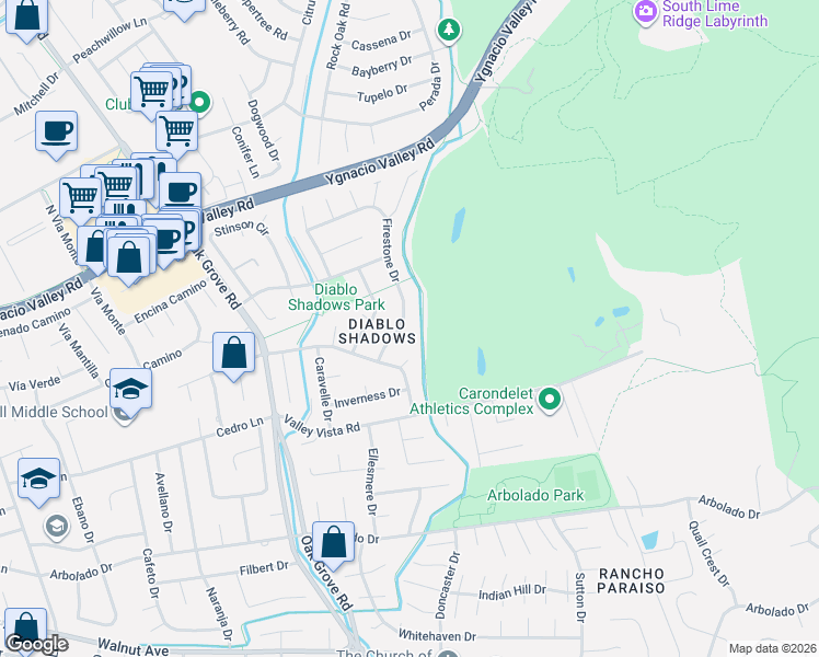 map of restaurants, bars, coffee shops, grocery stores, and more near 280 Firestone Drive in Walnut Creek