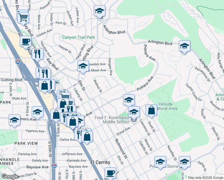 map of restaurants, bars, coffee shops, grocery stores, and more near 7134 Blake Street in El Cerrito