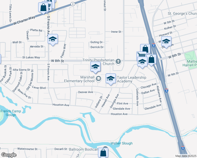 map of restaurants, bars, coffee shops, grocery stores, and more near 1141 Lever Boulevard in Stockton