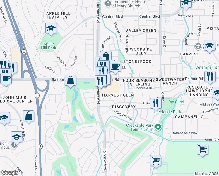 map of restaurants, bars, coffee shops, grocery stores, and more near 3132 Balfour Road in Brentwood