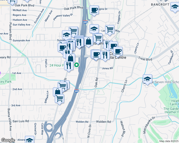 map of restaurants, bars, coffee shops, grocery stores, and more near 2770 Jones Road in Walnut Creek