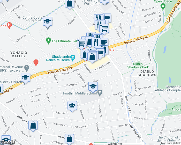 map of restaurants, bars, coffee shops, grocery stores, and more near Via Monte in Walnut Creek