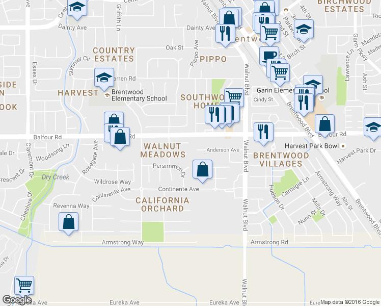 map of restaurants, bars, coffee shops, grocery stores, and more near 235 Pecan Place in Brentwood