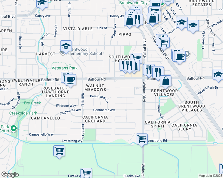 map of restaurants, bars, coffee shops, grocery stores, and more near 235 Pecan Place in Brentwood