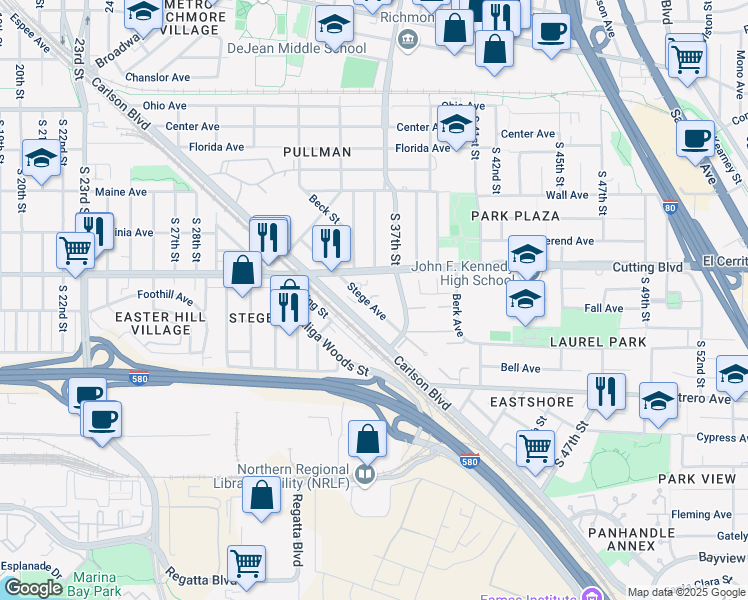 map of restaurants, bars, coffee shops, grocery stores, and more near 572 Stege Avenue in Richmond