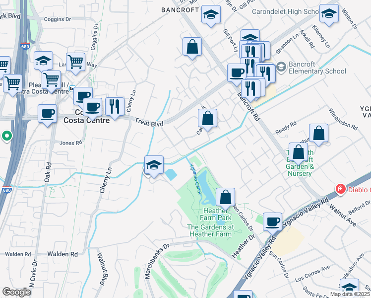 map of restaurants, bars, coffee shops, grocery stores, and more near 1003 Northoak Drive in Walnut Creek