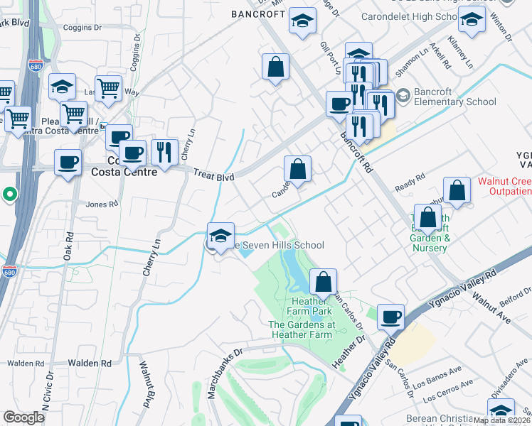 map of restaurants, bars, coffee shops, grocery stores, and more near 1003 Northoak Drive in Walnut Creek